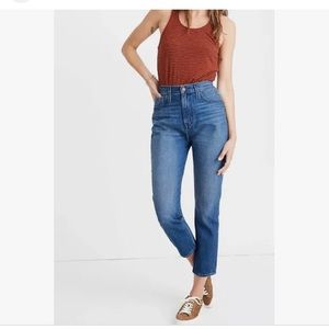 Madewell The Mom Jean distressed size 26 with 12.5” rise blue jeans.